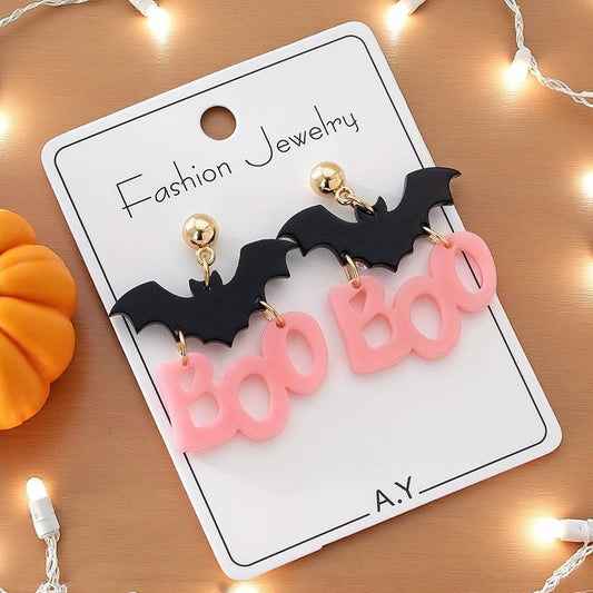 Fashion Dangle Pink Boo Earrings, Bat and Boo Design