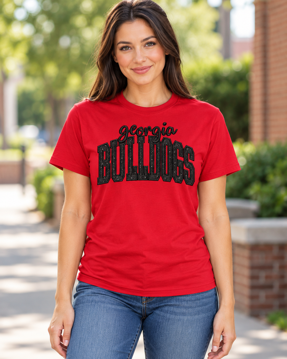 Georgia Bulldogs Embroidered Tee or Sweatshirt – Red Glitter Appliqué Black Crewneck