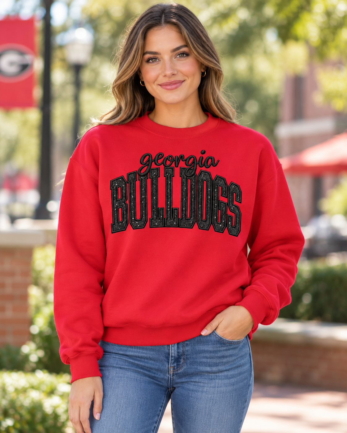 Georgia Bulldogs Embroidered Tee or Sweatshirt – Red Glitter Appliqué Black Crewneck