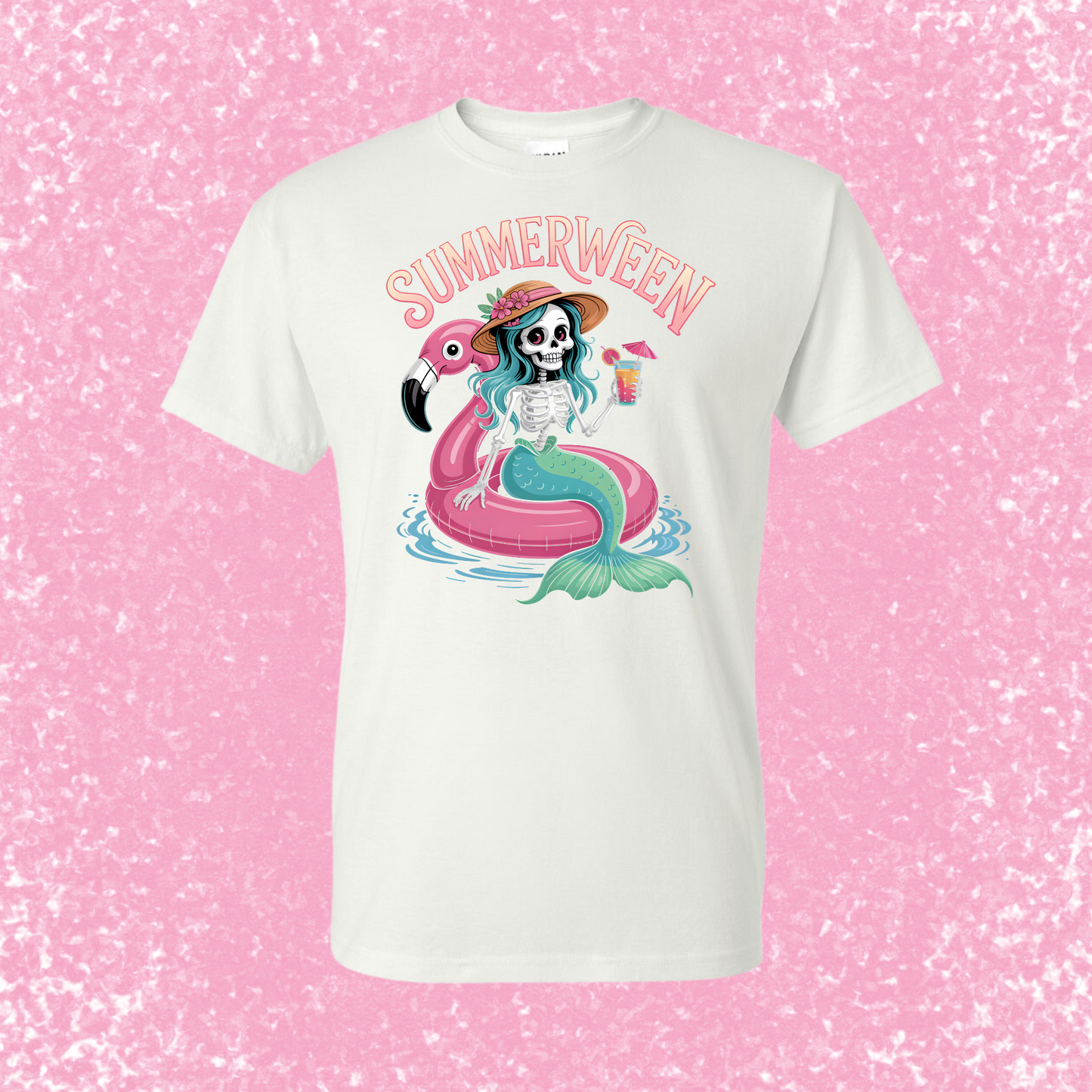 White t-shirt with 'Summerween' design featuring a skeleton mermaid on a pink glittery background