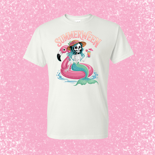 White t-shirt with 'Summerween' design featuring a skeleton mermaid on a pink glittery background