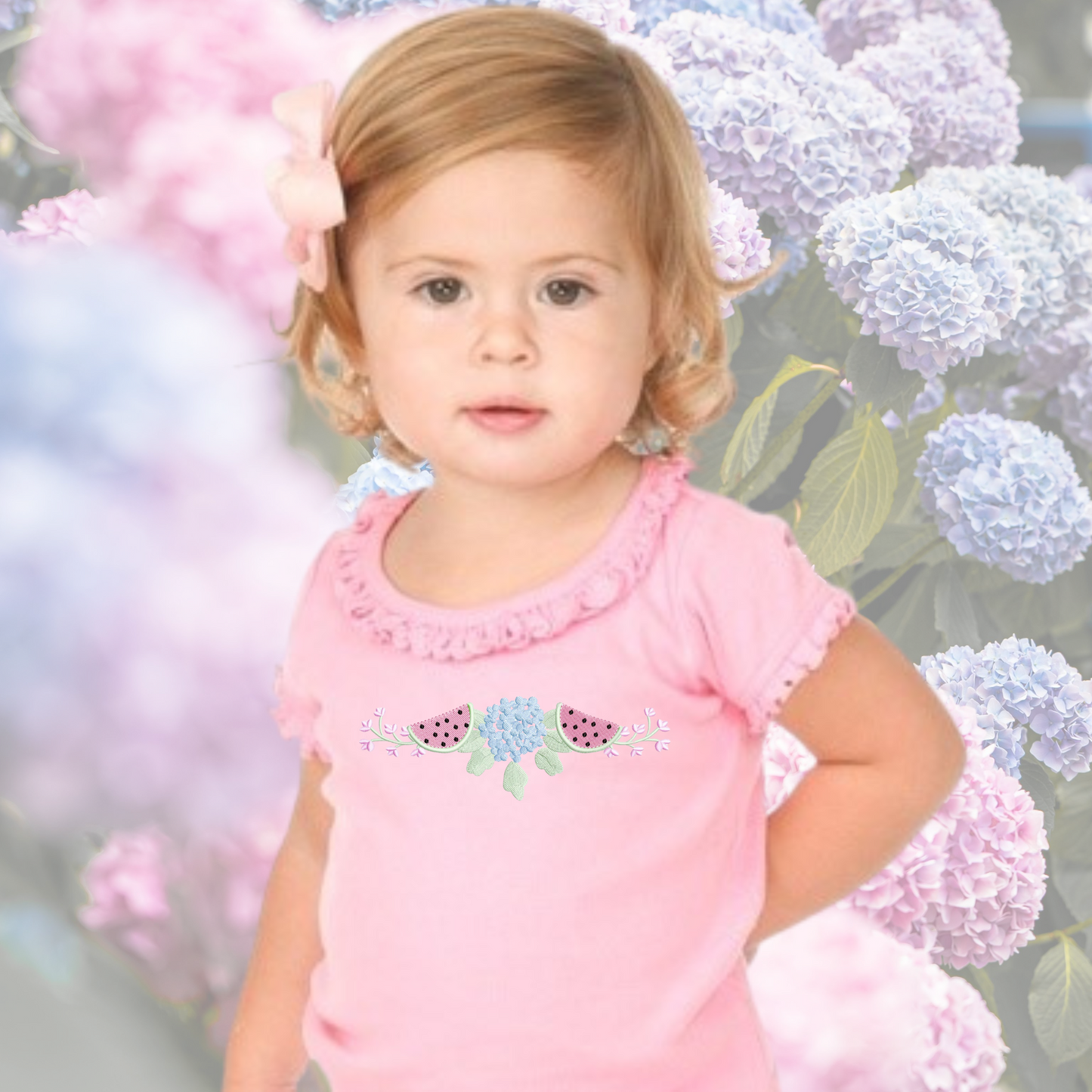 Preppy watermelon hydrangea embroidery design, grand millennial embroidery pink Shirt
