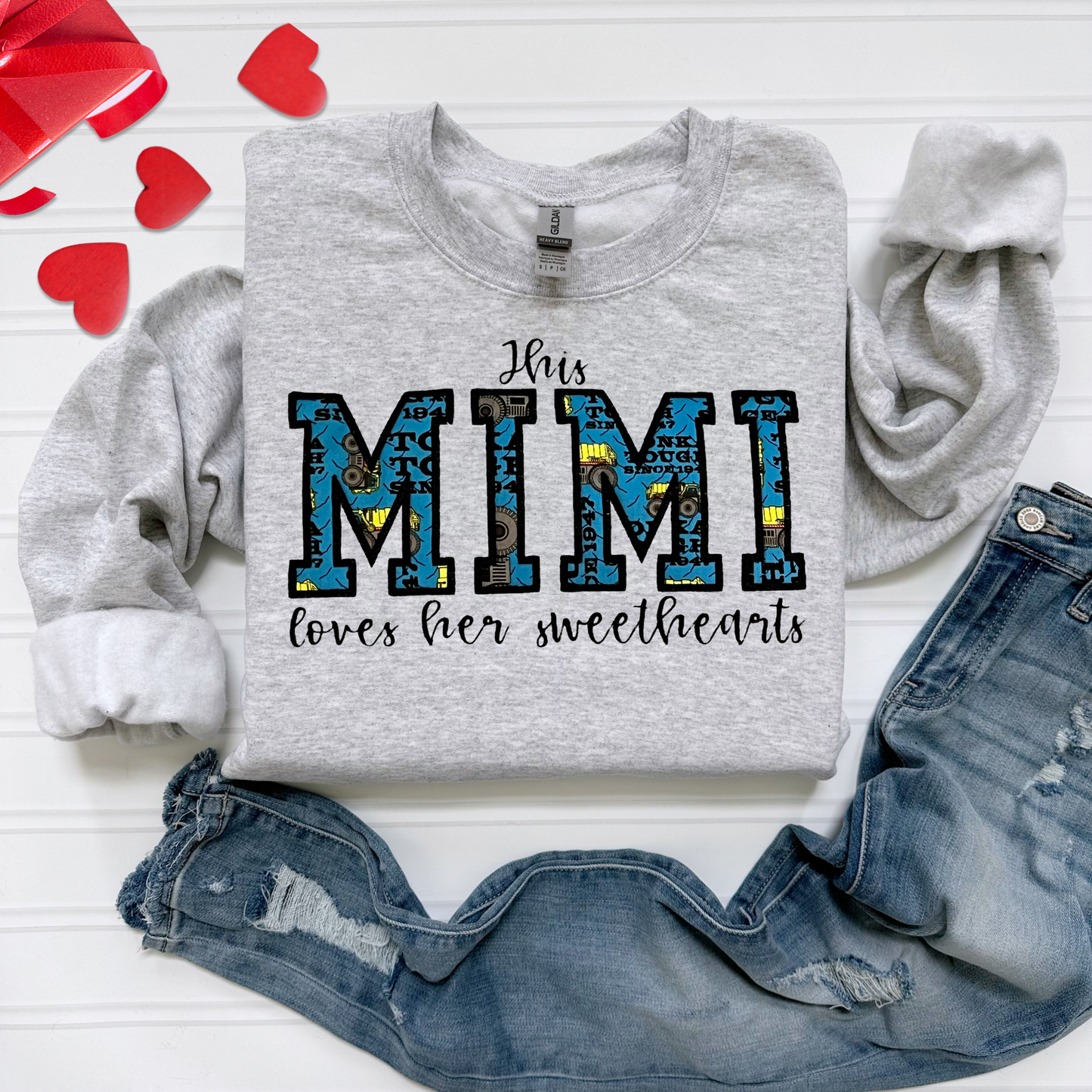 Personalized Construction Truck Applique Mimi, Mama, Nanny, your choice of name Crewneck Sweatshirt