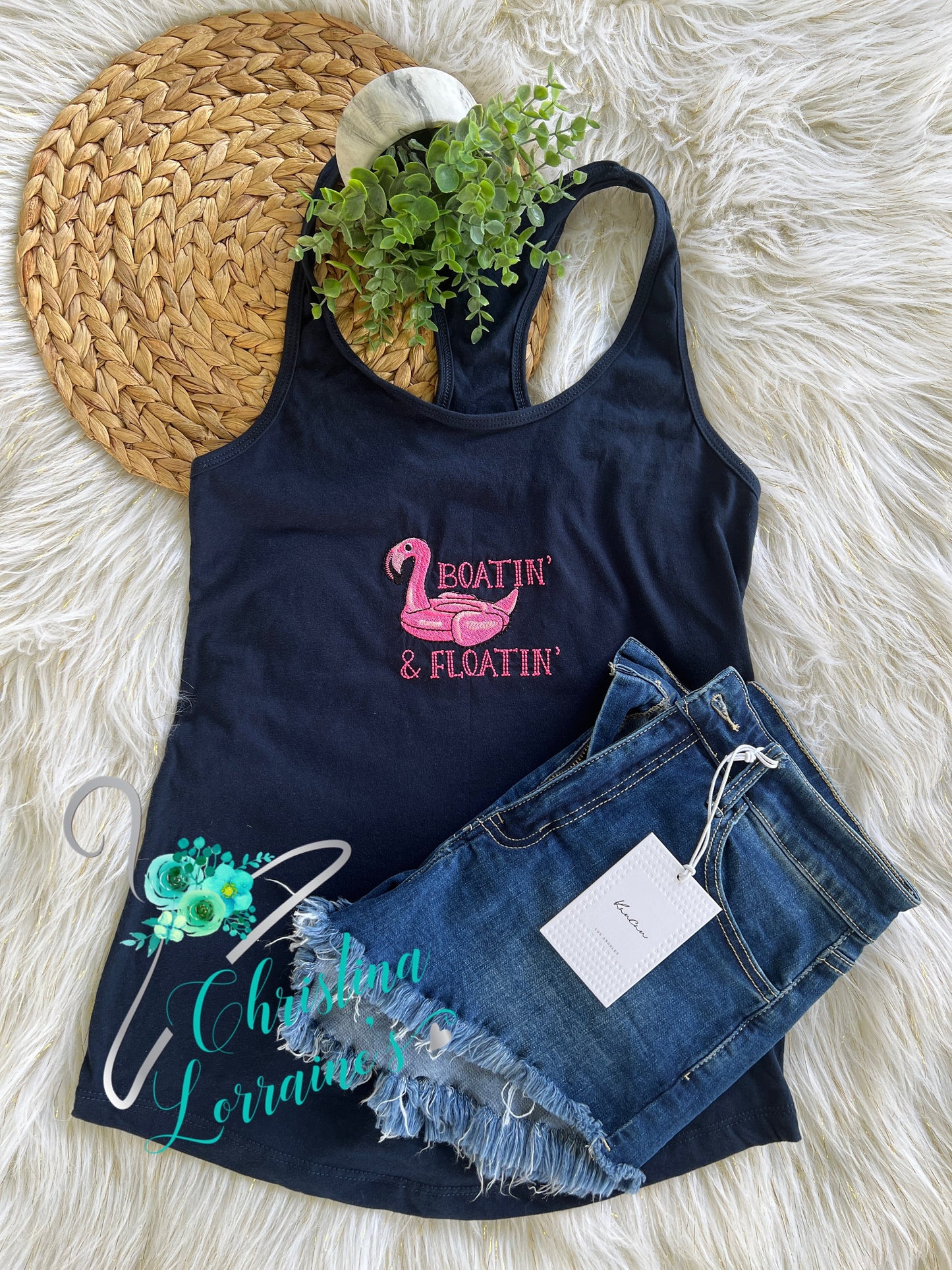 Boatin & Floatin Flamingo Design Embroidered Ladies Tank Top