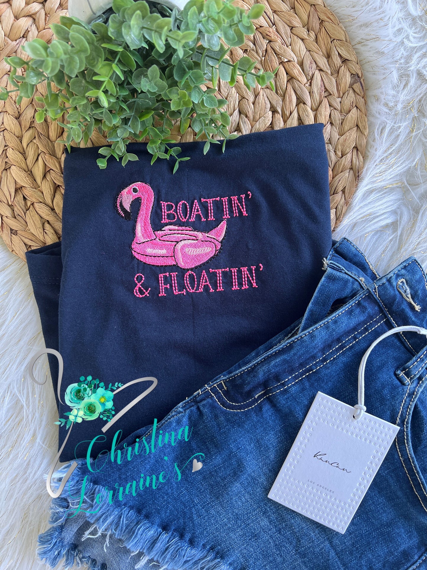 Boatin & Floatin Flamingo Design Embroidered Ladies Tank Top