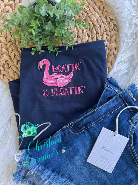 Boatin & Floatin Flamingo Design Embroidered Ladies Tank Top