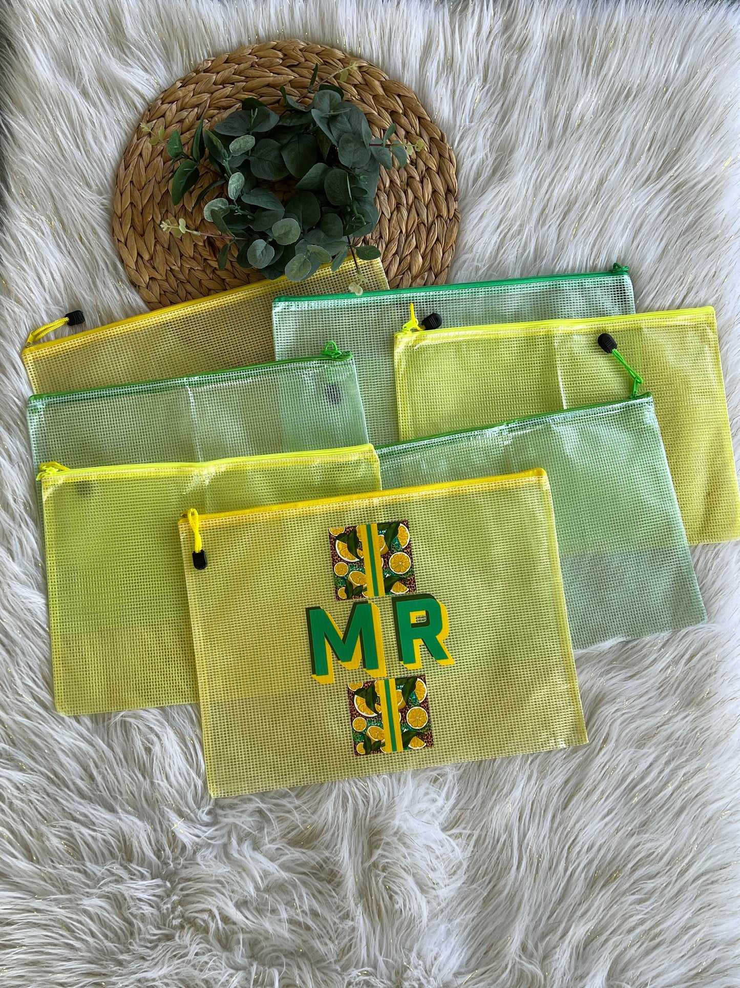Personalized Shadow Font Tri-Color Lemon Design Mesh PVC Zipper Waterproof Reusable Multipurpose Pool Bag/Bachelorette Party Bags