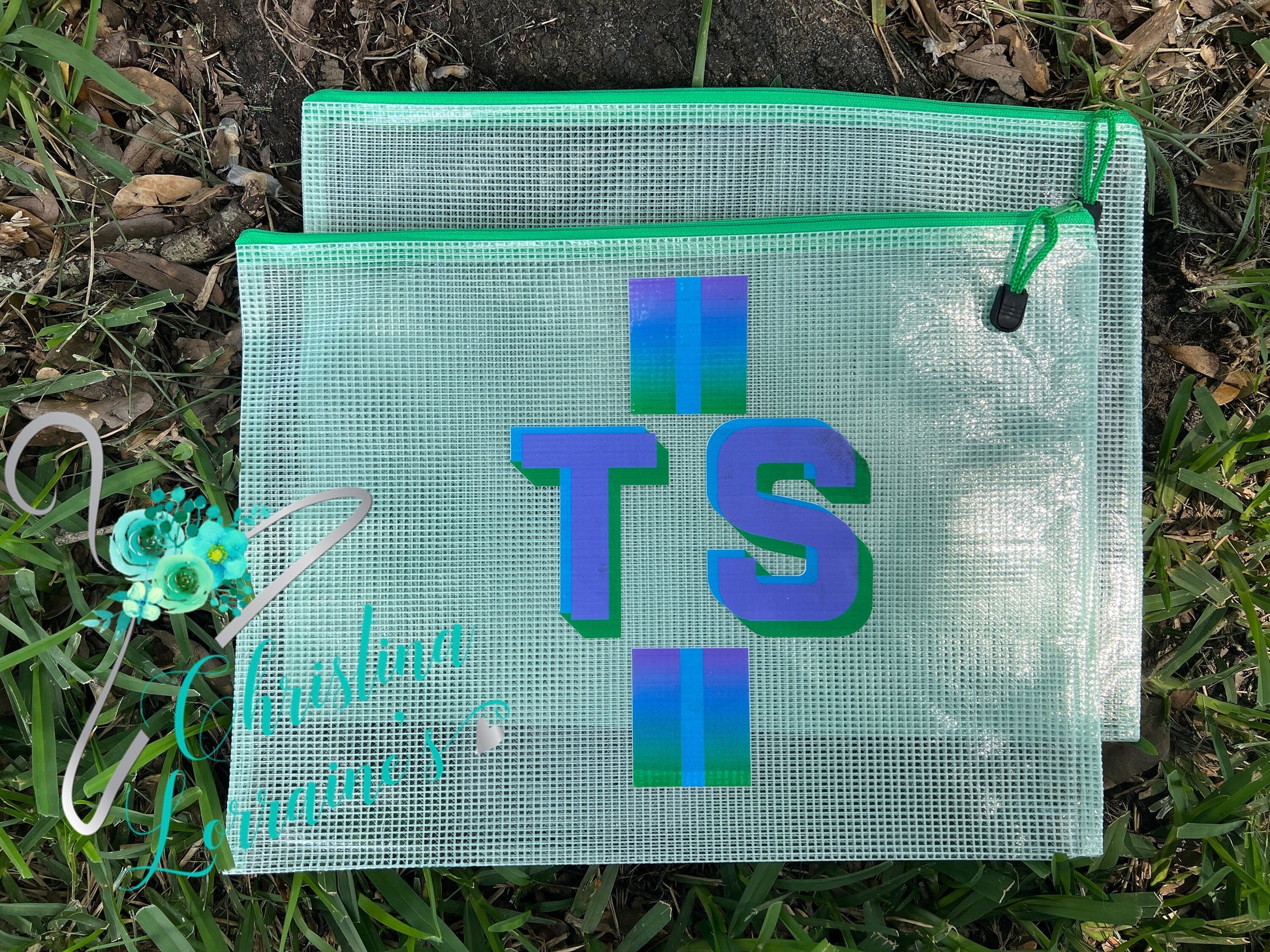 Personalized Tri-Color Gradient Green Mesh PVC Zipper Waterproof Reusable Multipurpose Pool Bag/Bachelorette Party Bags