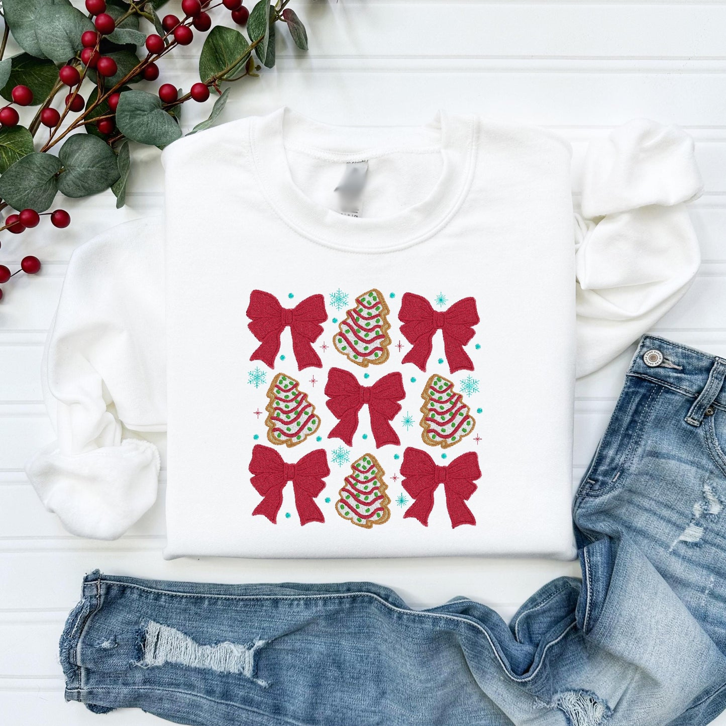 Coquette Christmas Cakes Embroidered Design Crewneck Sweatshirt