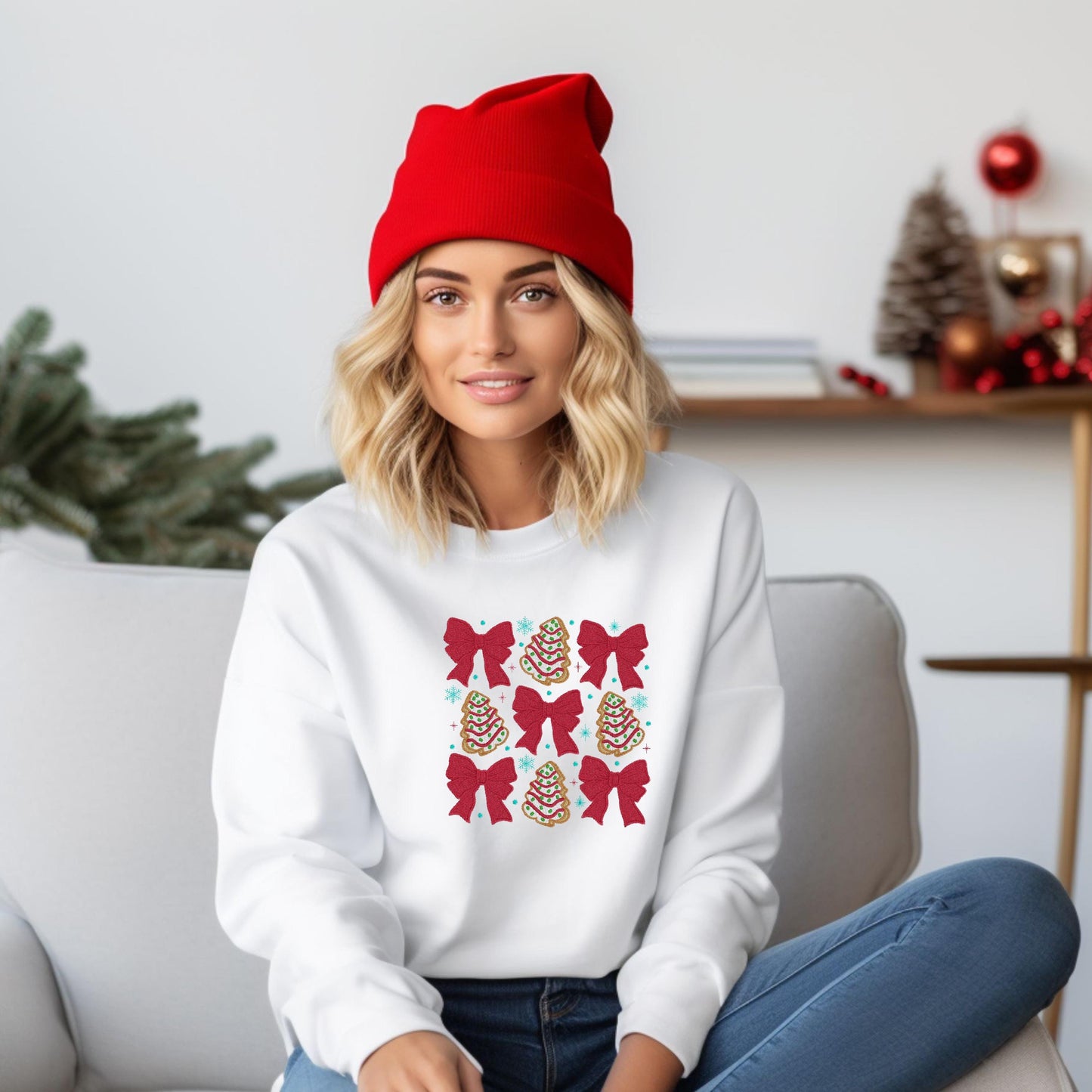 Coquette Christmas Cakes Embroidered Design Crewneck Sweatshirt