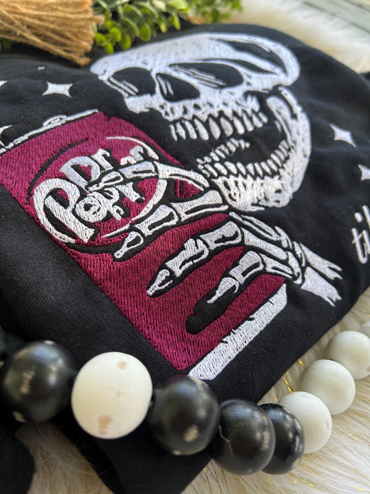 Til Death/Skull With Soda Embroidered Design Crewneck Sweatshirt