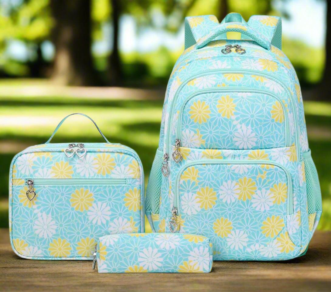 Yellow and Mint Daisy Print Girls Backpack Set