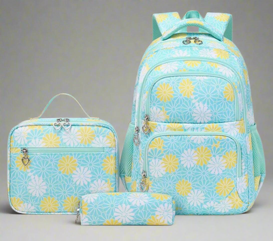 Yellow and Mint Daisy Print Girls Backpack Set