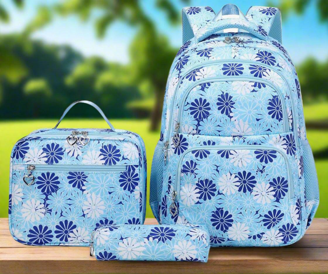 Royal and Baby Blue Daisy Print Girls Backpack Set
