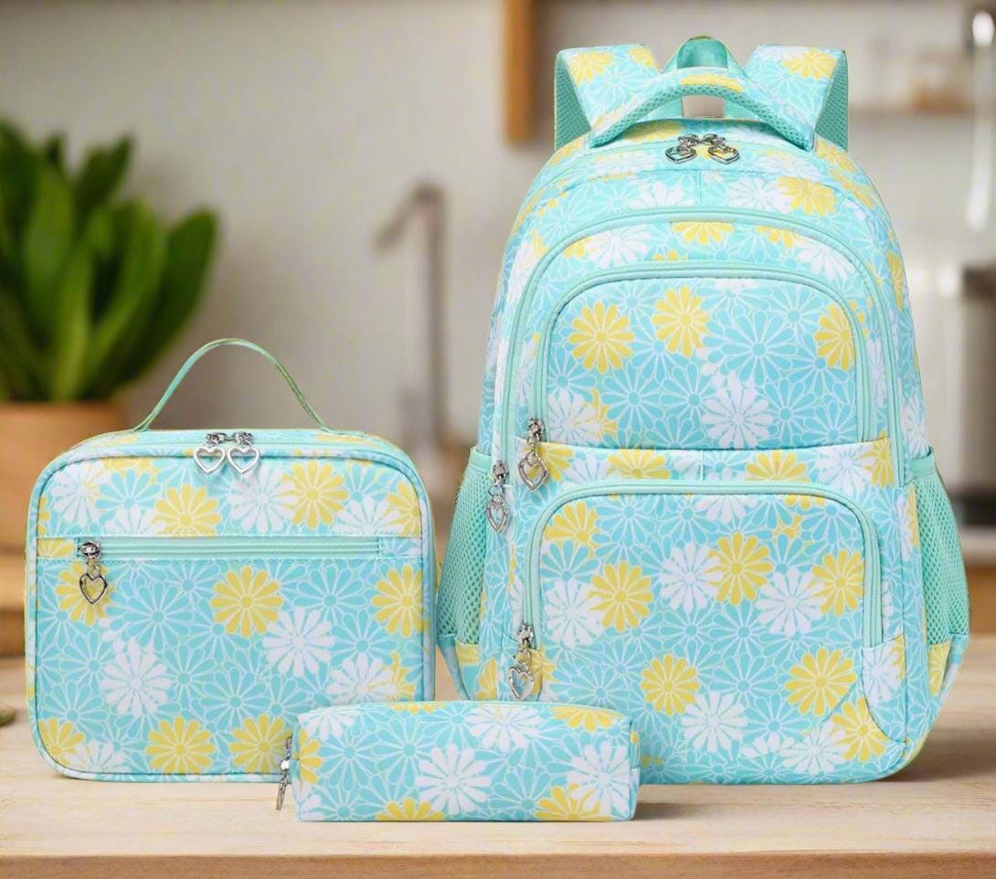 Yellow and Mint Daisy Print Girls Backpack Set