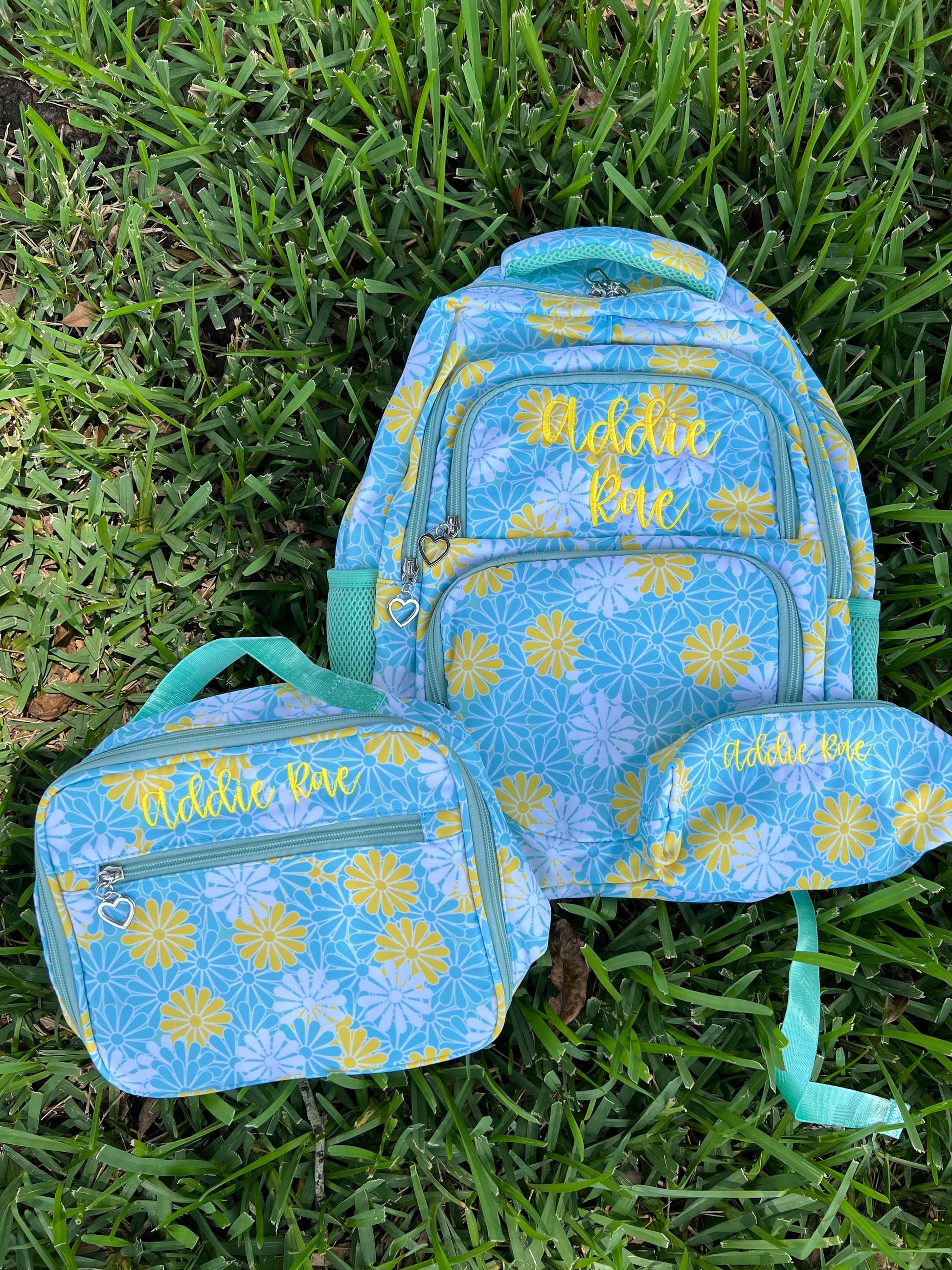 Yellow and Mint Daisy Print Girls Backpack Set