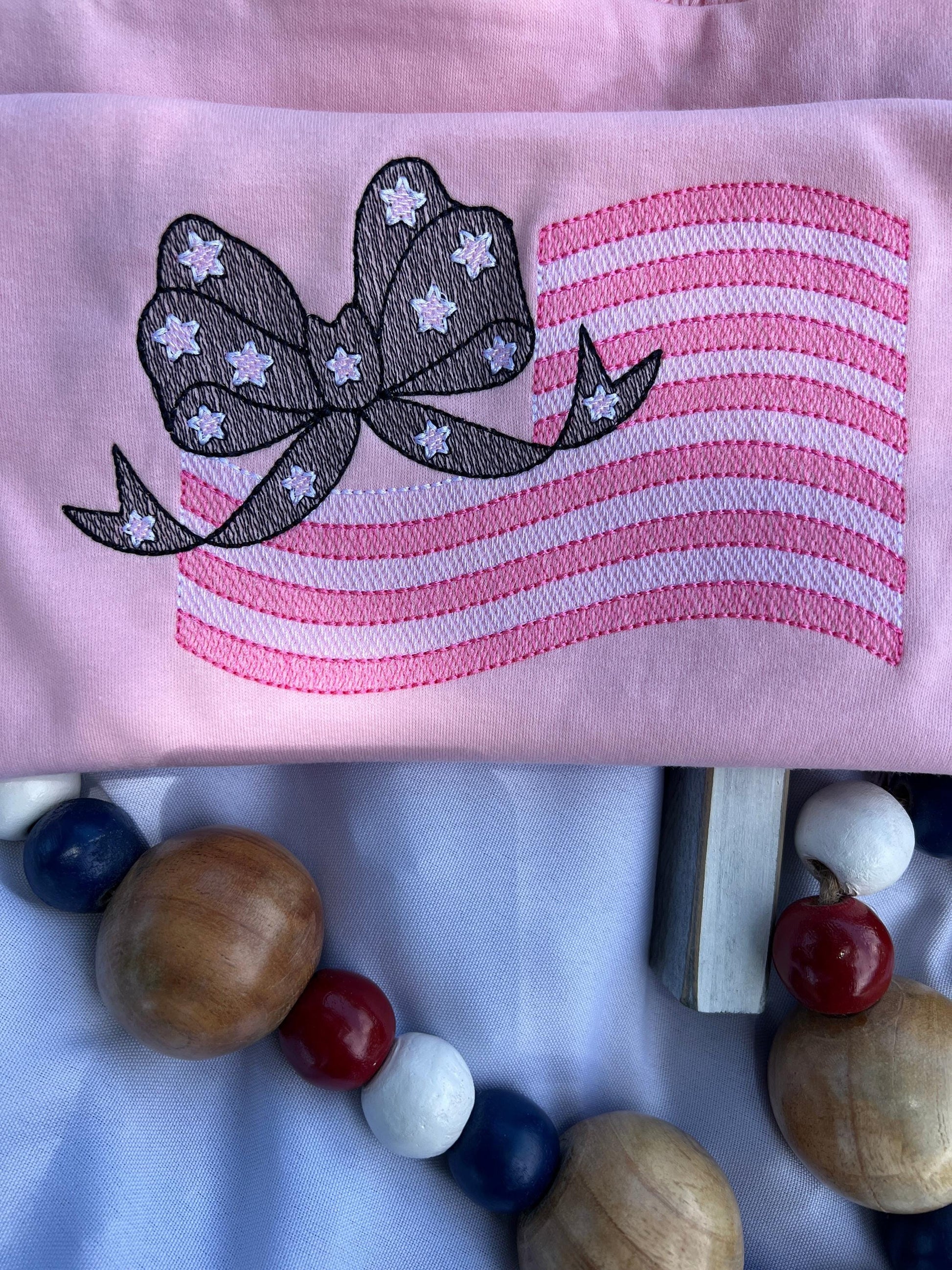 Bow flag patriotic girl embroidered t-shirt