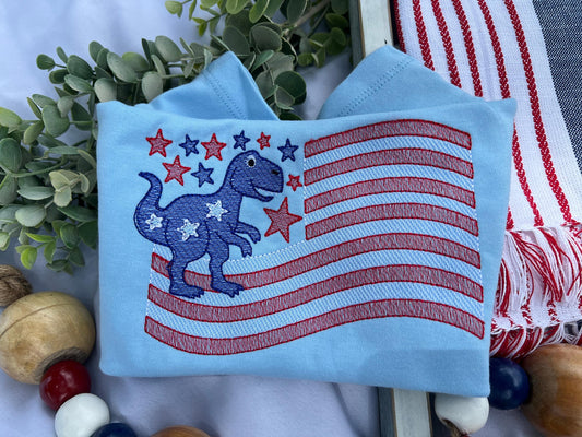 Dinosaur flag patriotic boy embroidered t-shirt