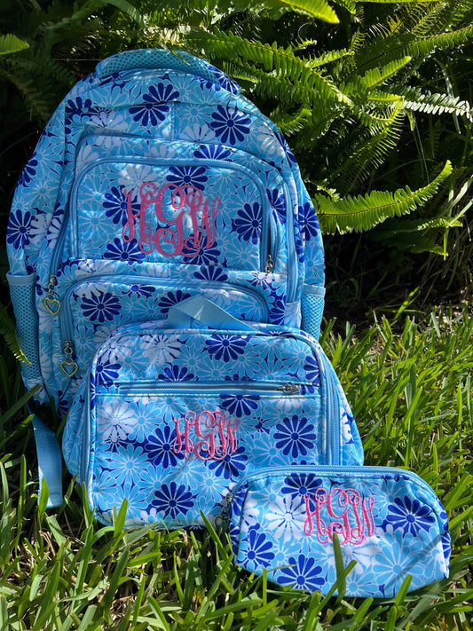 Royal and Baby Blue Daisy Print Girls Backpack Set