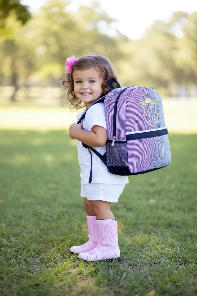 Navy Seersucker Backpack/Personalize It/NEW Embroidery Crest Frame Designs