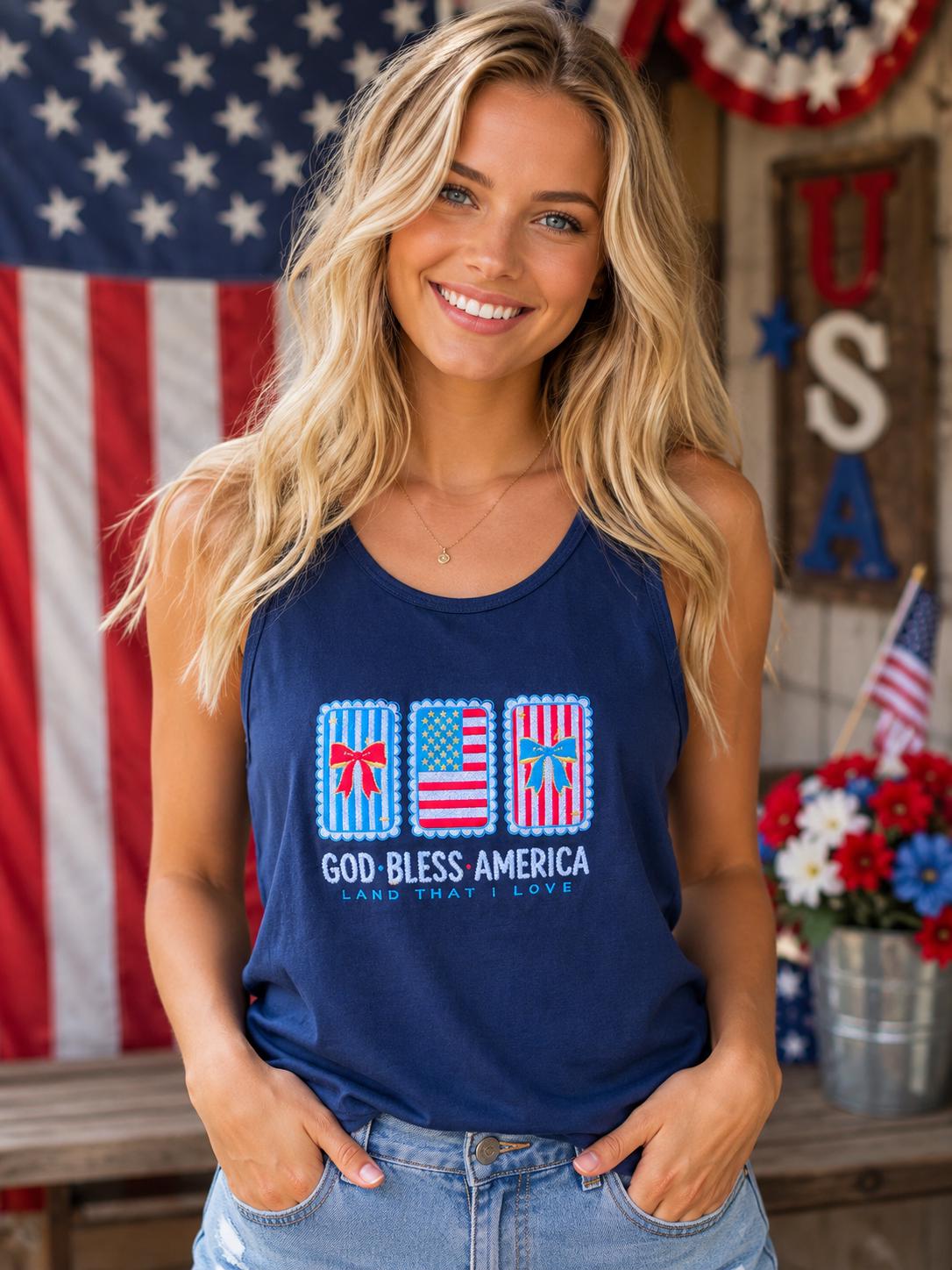 God Bless America Ladies Embroidery Tank Top