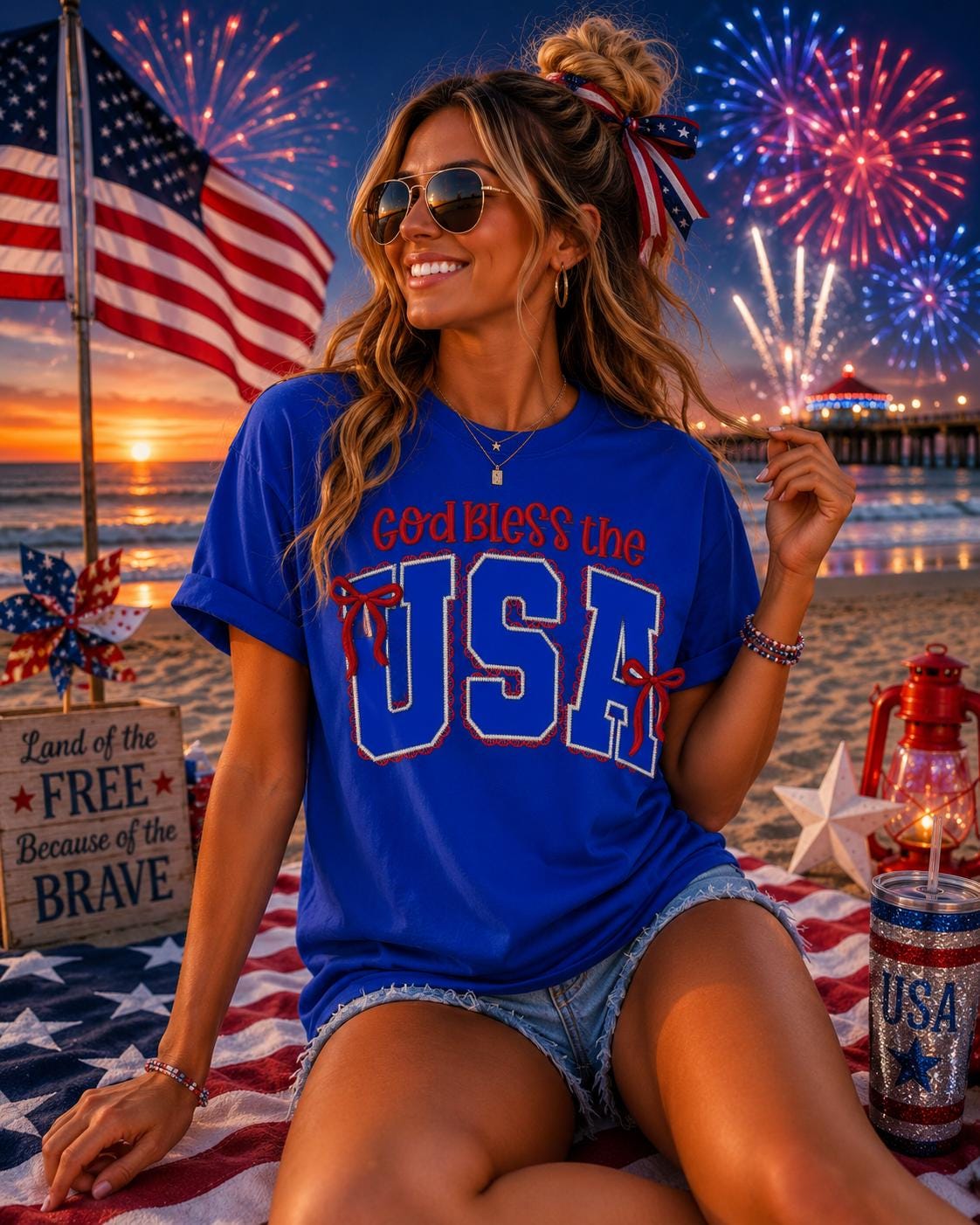 God Bless The USA Embroidery Ladies Tee