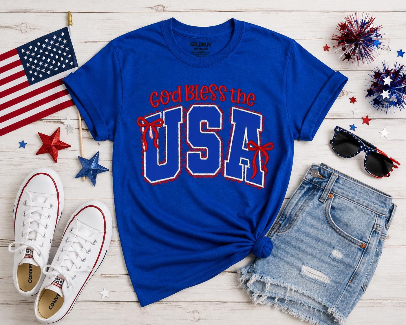 God Bless The USA Embroidery Ladies Tee