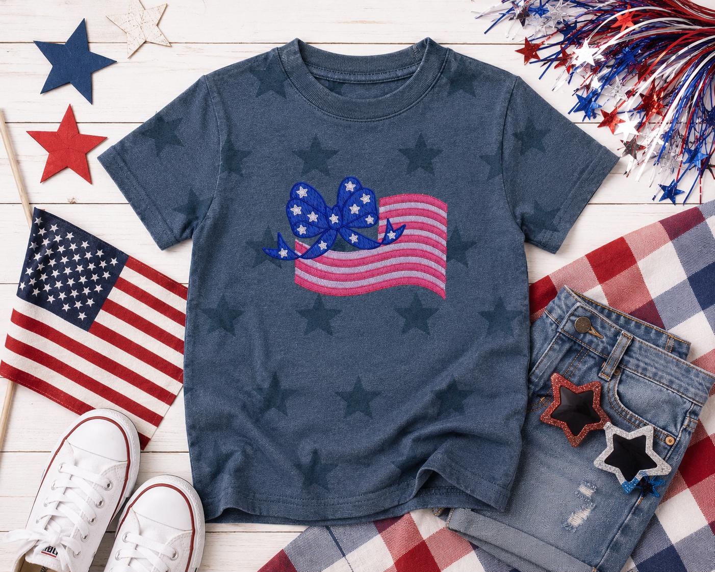 Patriotic Bow Flag Embroidery Toddler Tee