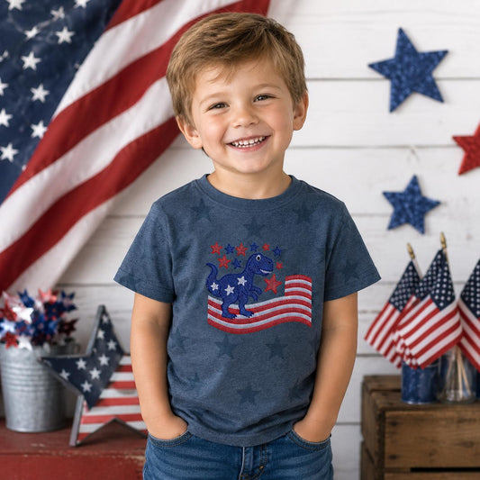 Dinosaur flag patriotic boy embroidered t-shirt