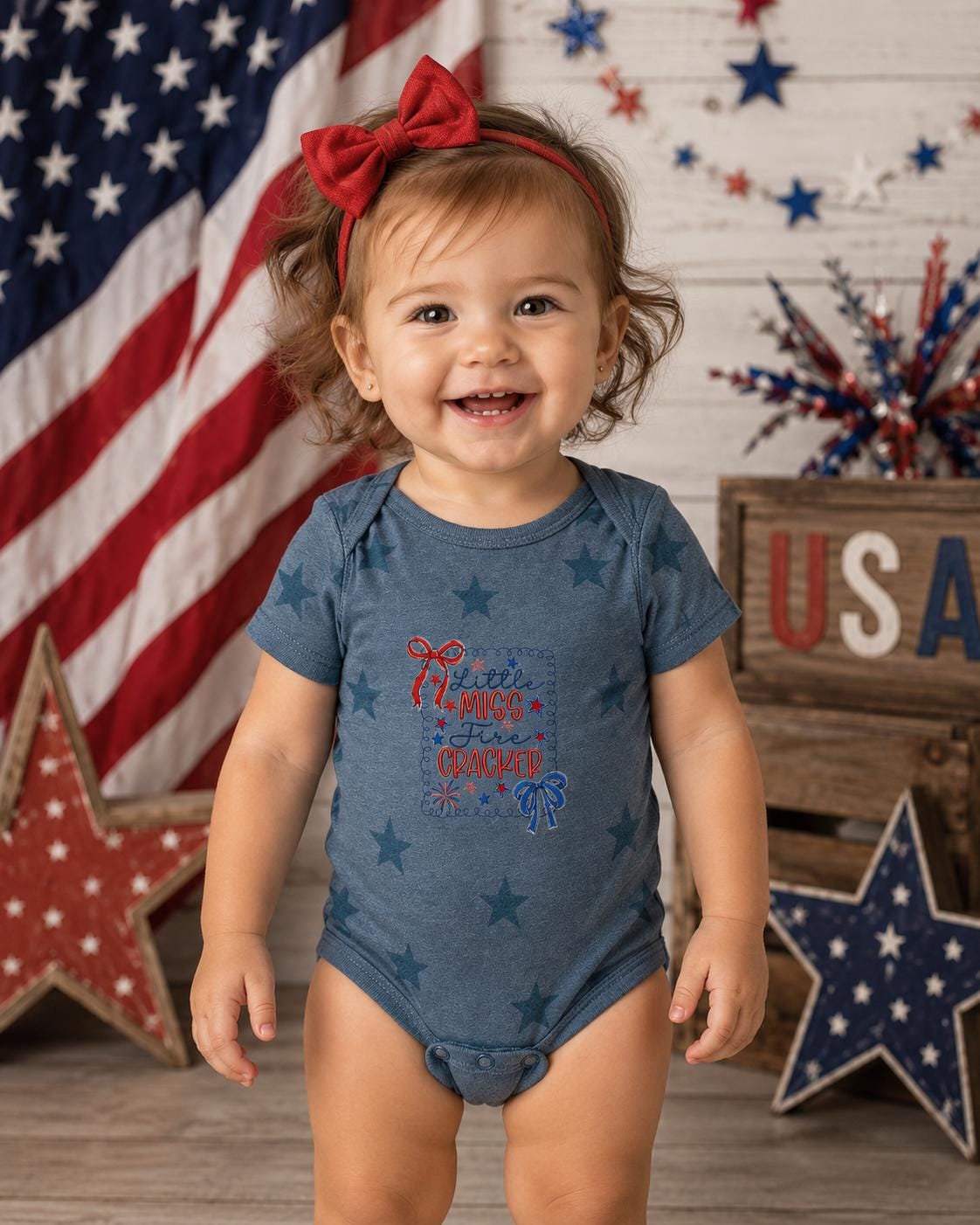 Little Miss Firecracker Embroidery Onsie Bodysuit