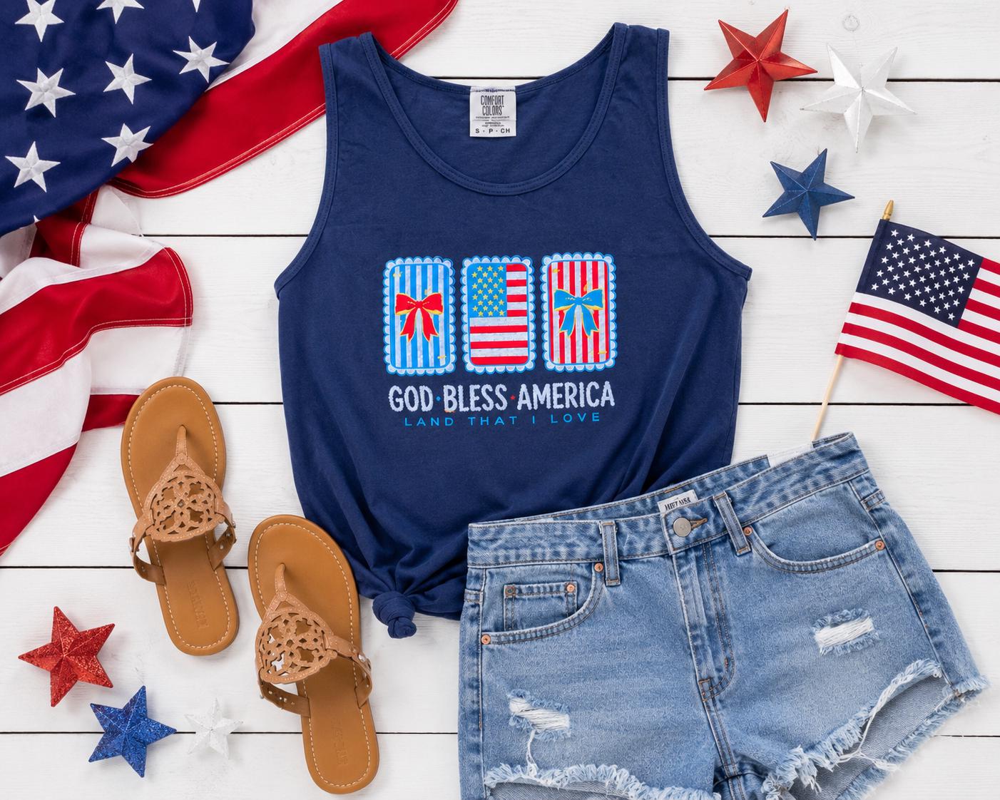 God Bless America Ladies Embroidery Tank Top