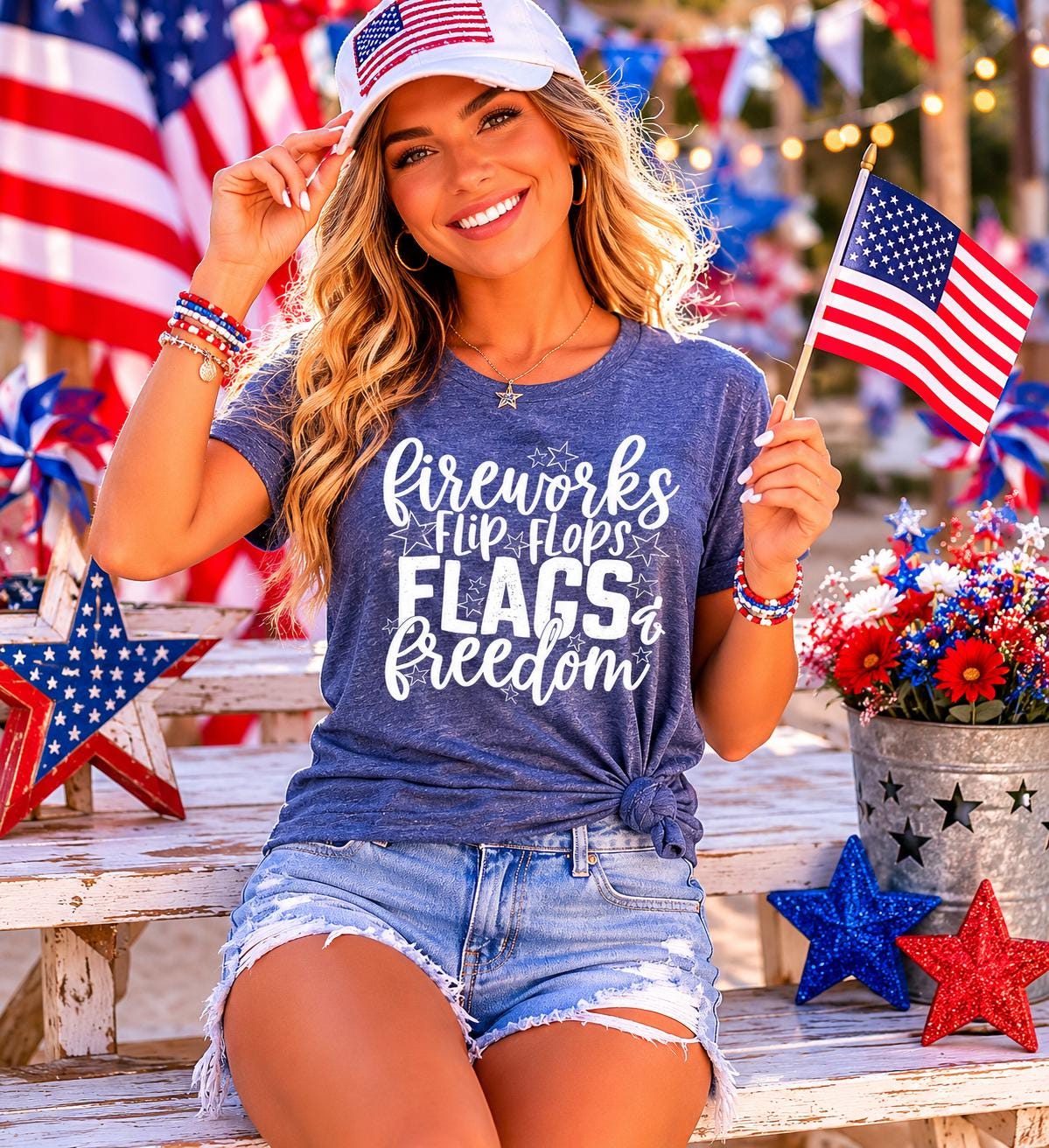Fireworks, Flipflops, Flags & Freedom Ladies T-Shirt