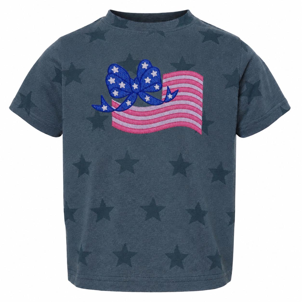 Patriotic Bow Flag Embroidery Toddler Tee