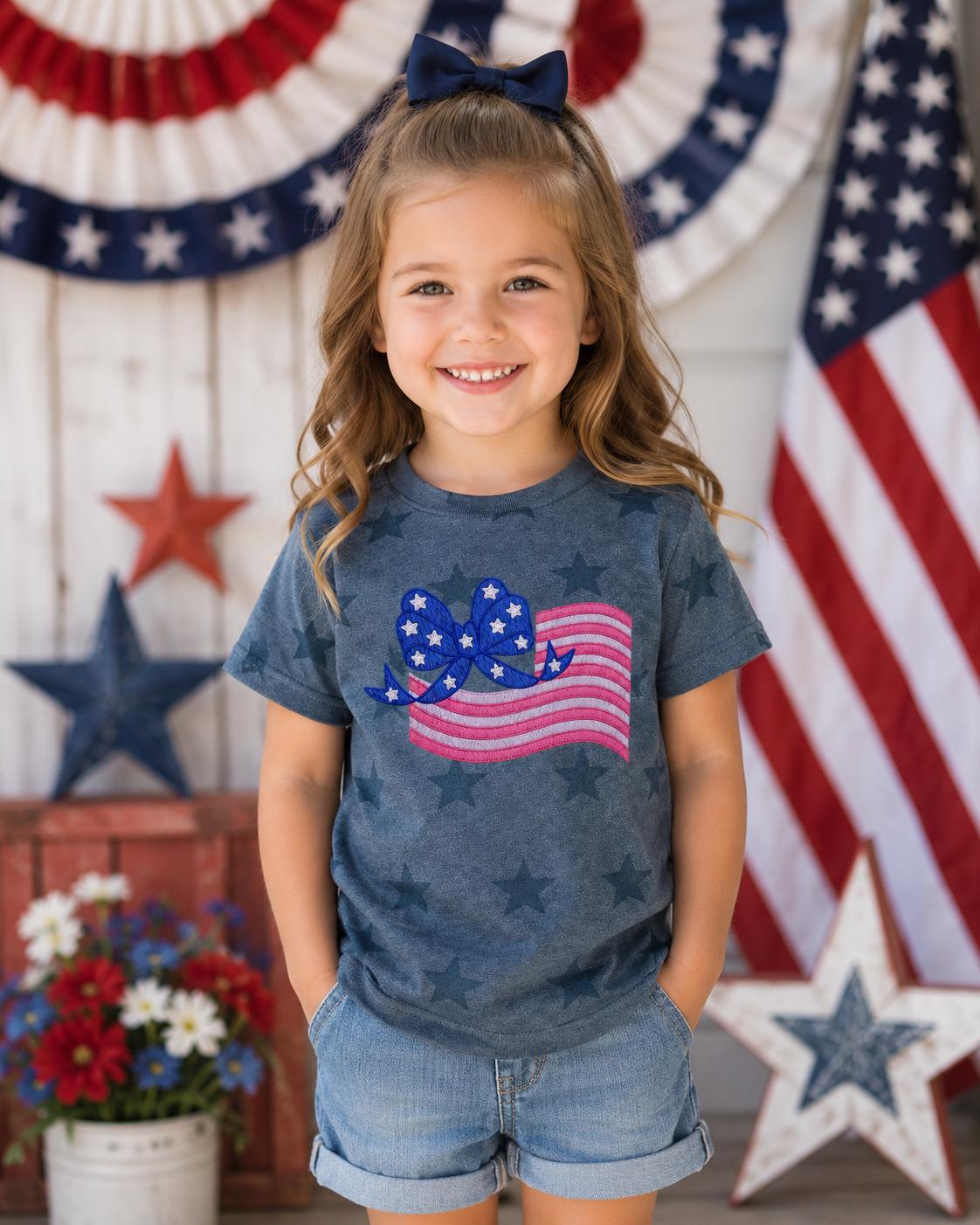 Patriotic Bow Flag Embroidery Toddler Tee