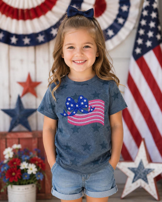 Patriotic Bow Flag Embroidery Toddler Tee