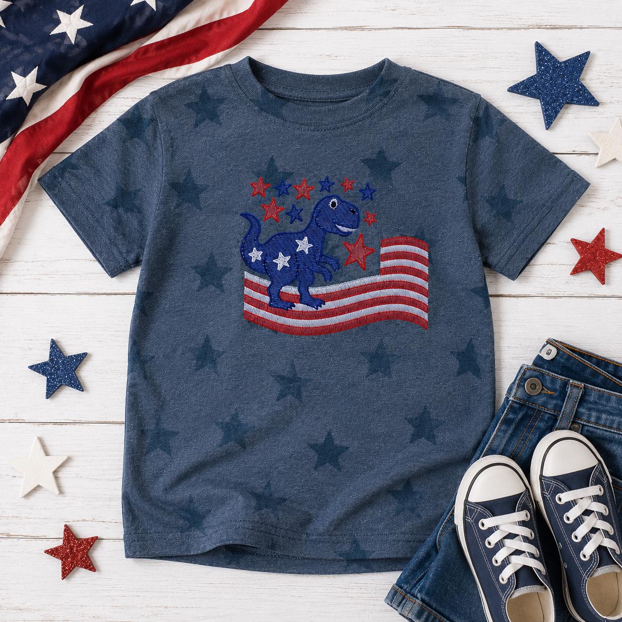 Dinosaur flag patriotic boy embroidered t-shirt