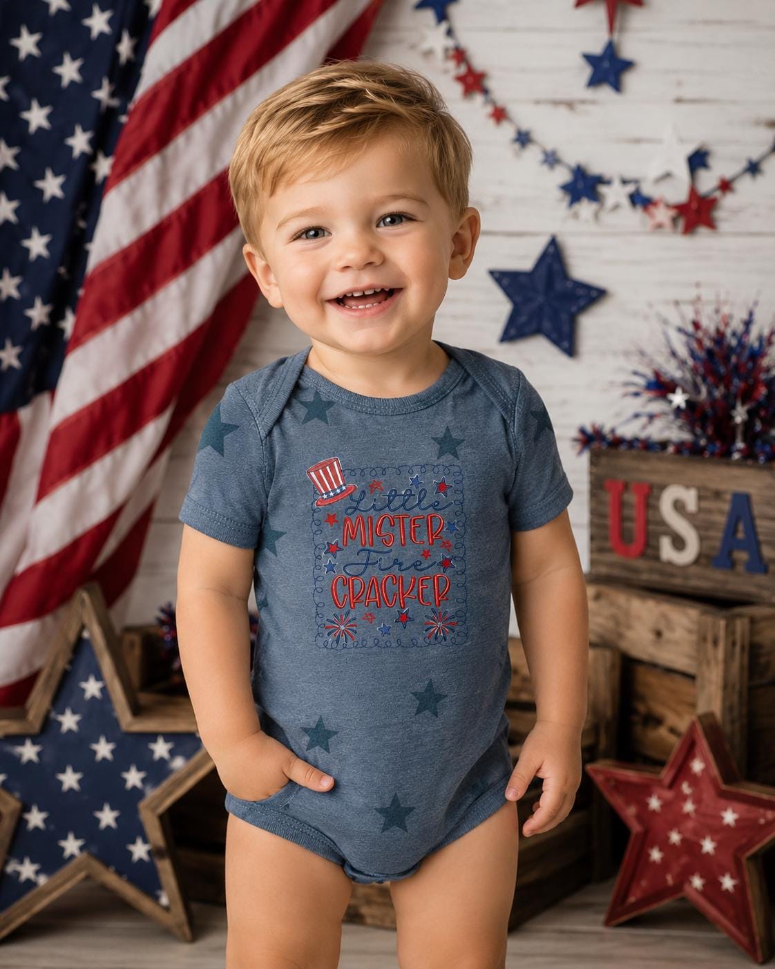 Little Mister Firecracker Embroidery Onsie Bodysuit