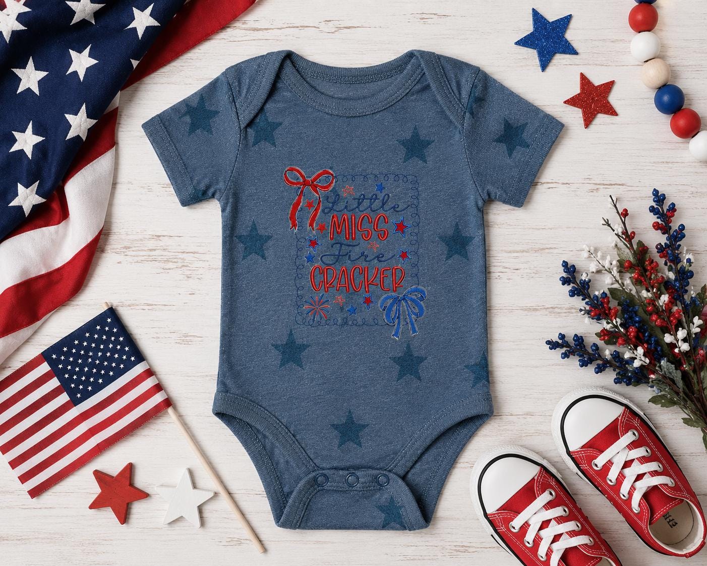 Little Miss Firecracker Embroidery Onsie Bodysuit
