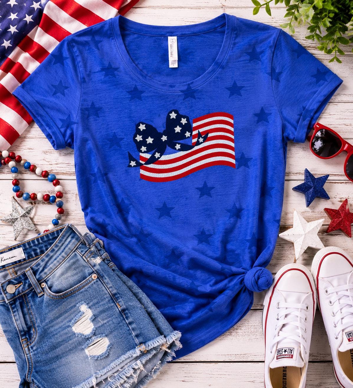 God Bless The USA Embroidery Ladies Tee