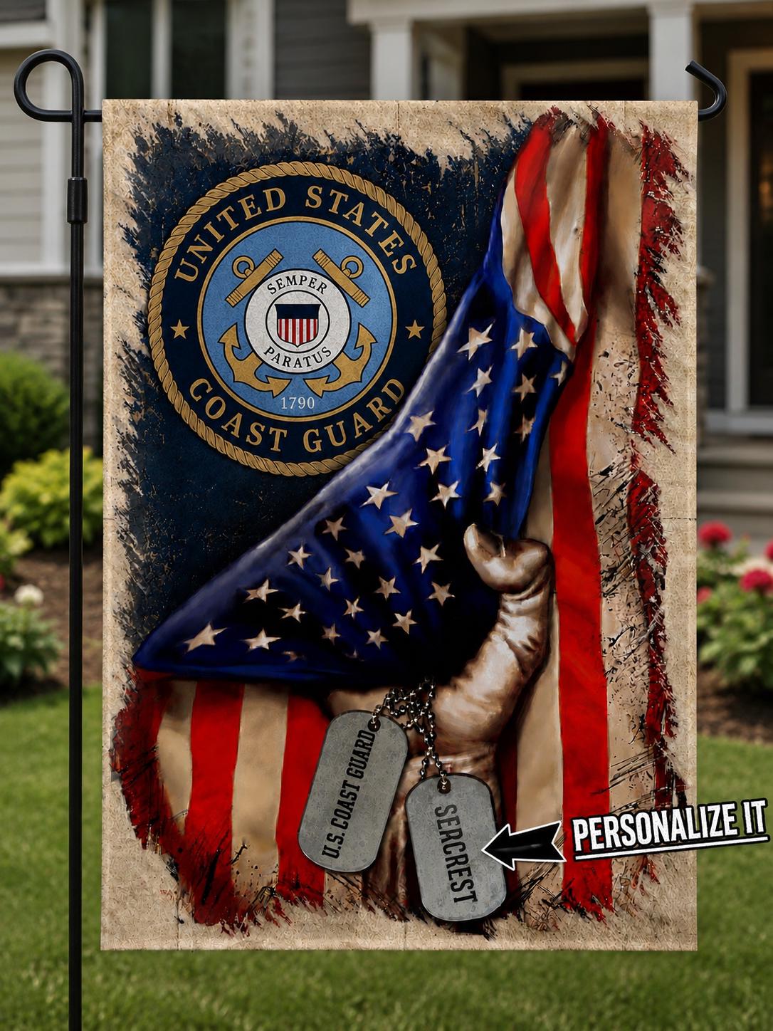 Personalized U.S Coast Guard American Flag Garden Decor - Double-Sided Polyester