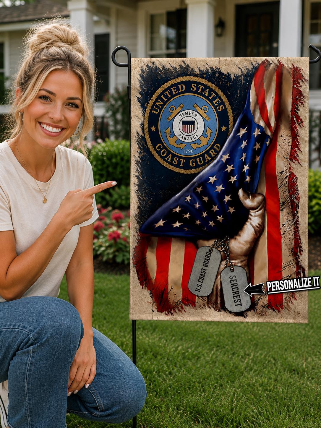 Personalized U.S Coast Guard American Flag Garden Decor - Double-Sided Polyester