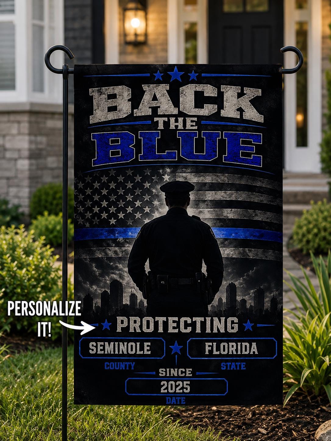 Personalized Back The Blue Flag Garden Decor - Double-Sided Polyester