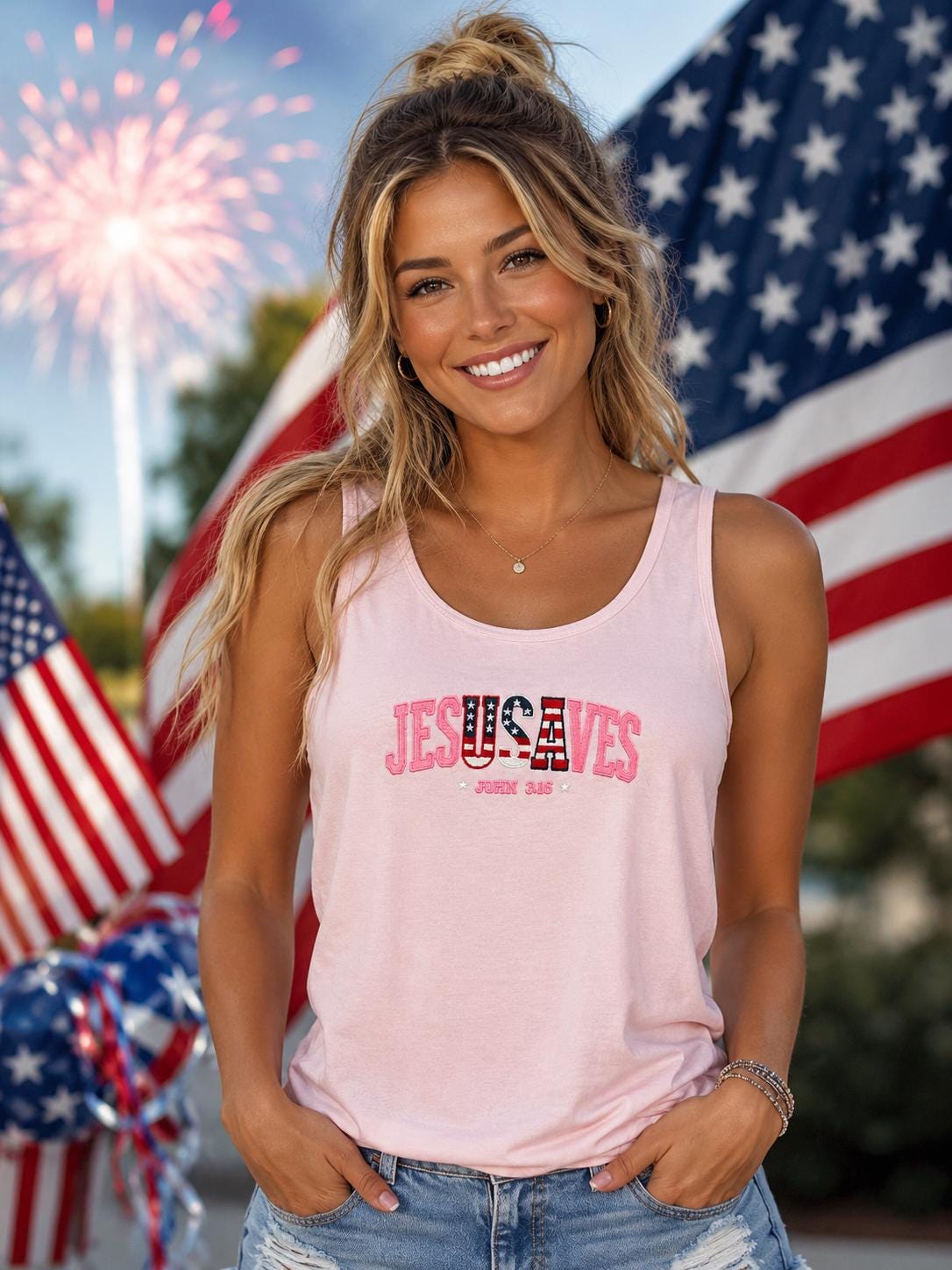 Coquette Patriotic JESUS SAVES Ladies Embroidery Comfort Colors Tank Top
