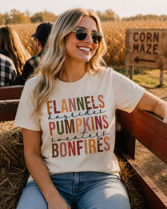 Flannels • Hayrides • Pumpkins • Sweaters • Bonfires” graphic tee