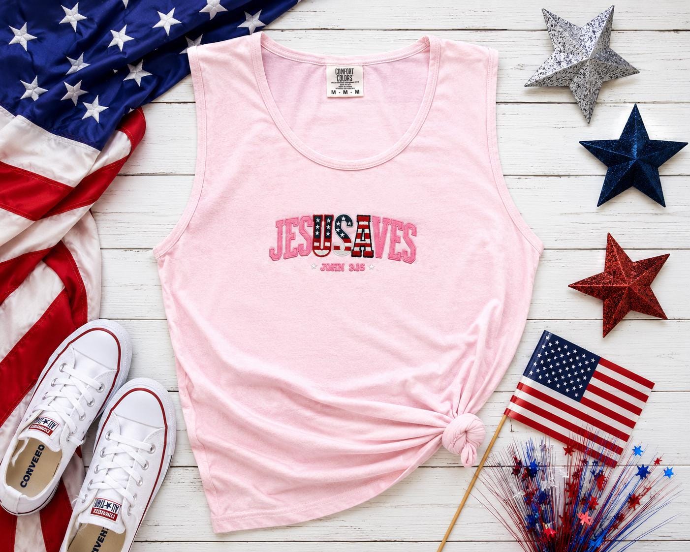 Coquette Patriotic JESUS SAVES Ladies Embroidery Comfort Colors Tank Top