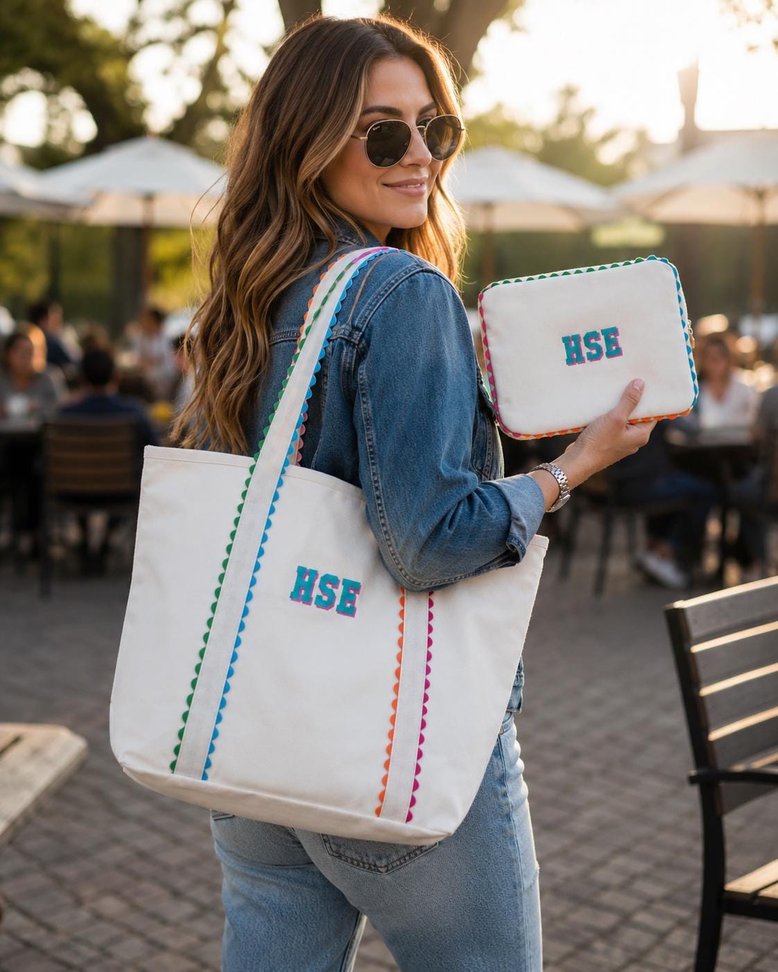 Ric Rac Scallop Design Canvas Tote Bag and Cosmetic Case