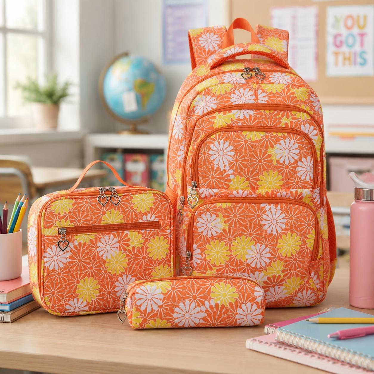 Orange and Yellow Daisy Print Girls Backpack Set