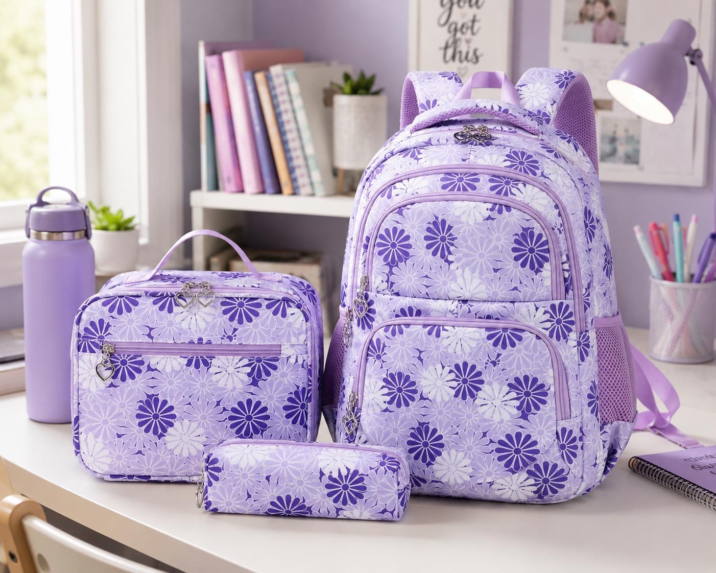 Lavender and Purple Daisy Print Girls Backpack Set