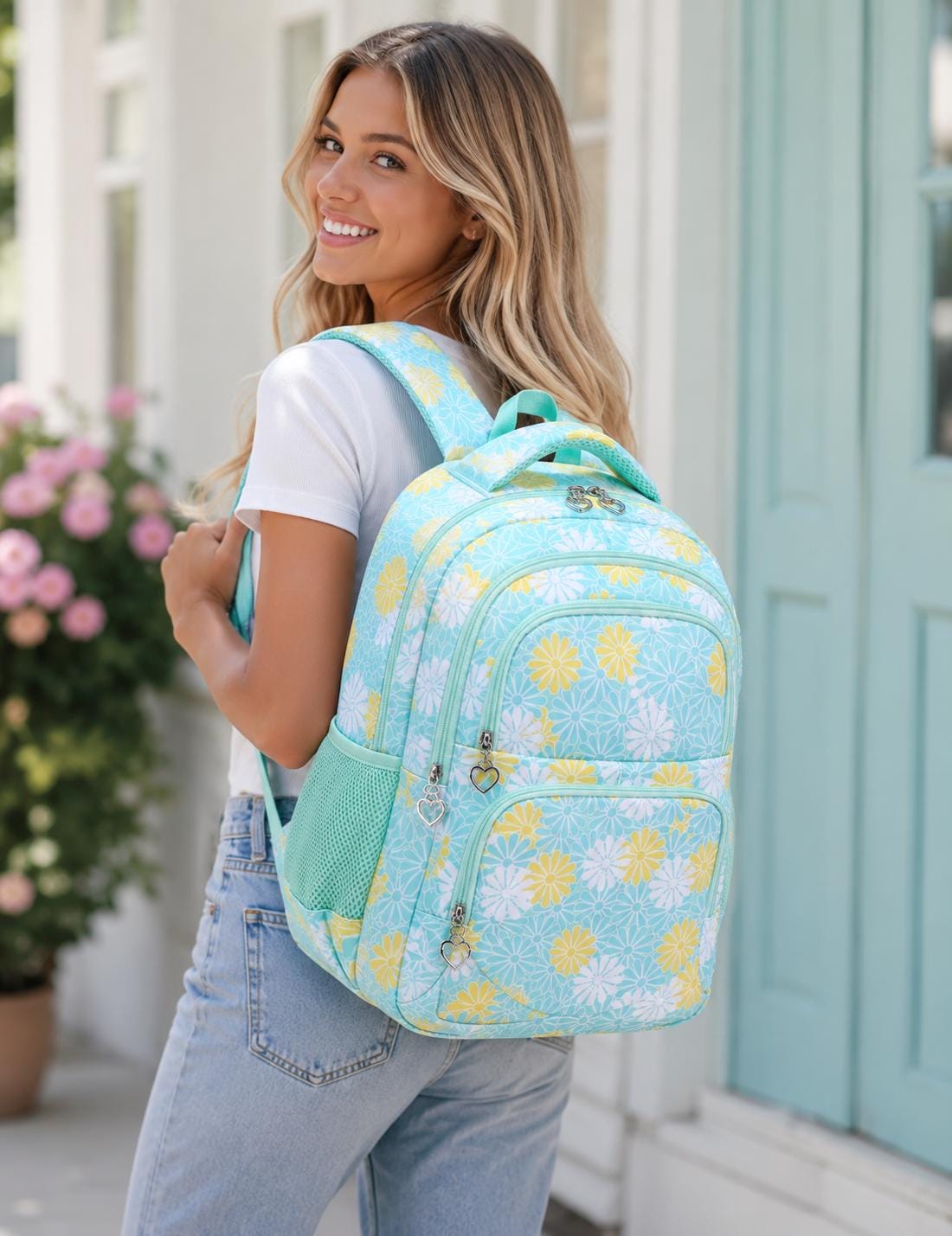 Yellow and Mint Daisy Print Girls Backpack Set