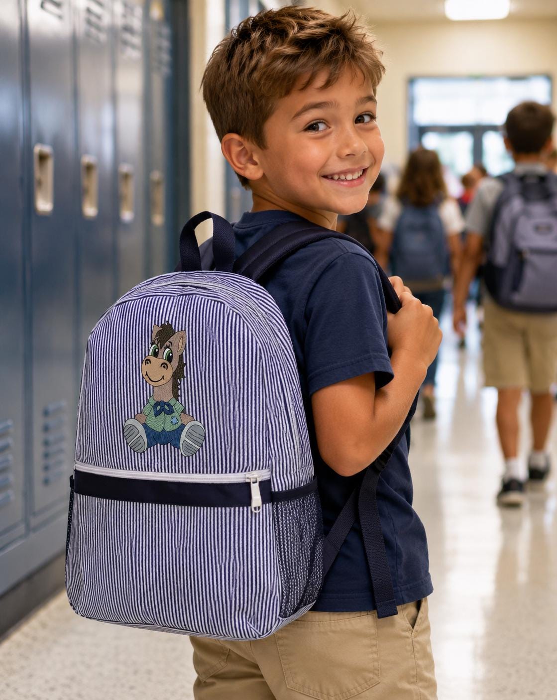 Navy Seersucker Backpack/Personalize It/NEW Embroidery Crest Frame Designs
